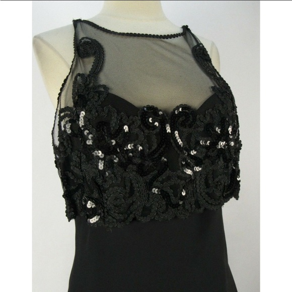 Vintage 90s Betsy & Adam Black Mini Party Dress S Lace Illusion Strappy Ruffle - Picture 6 of 7